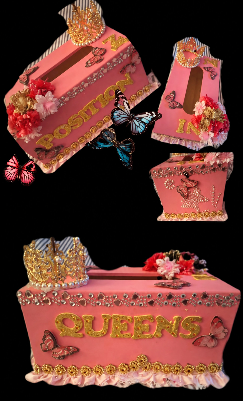 A Queens in Position keepsake box in pink and gold, with a crown on the lid